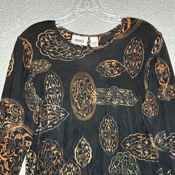 Chicos Travelers Art‎ to Wear Top Long Sleeve Brown Black Casual Y2K Travel - Picture 4 of 10